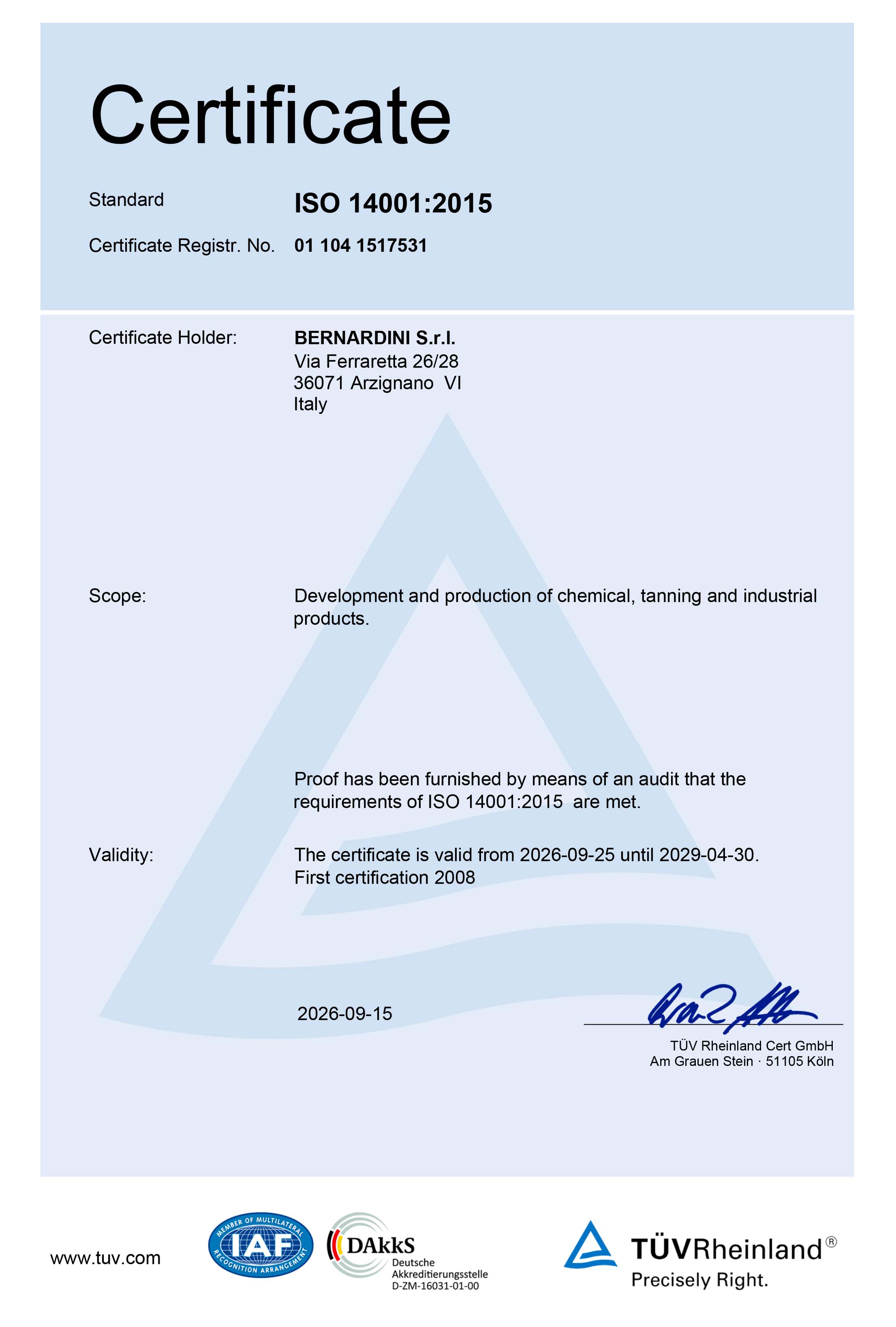 UNI EN ISO 14001: 2015 CERTIFICATE