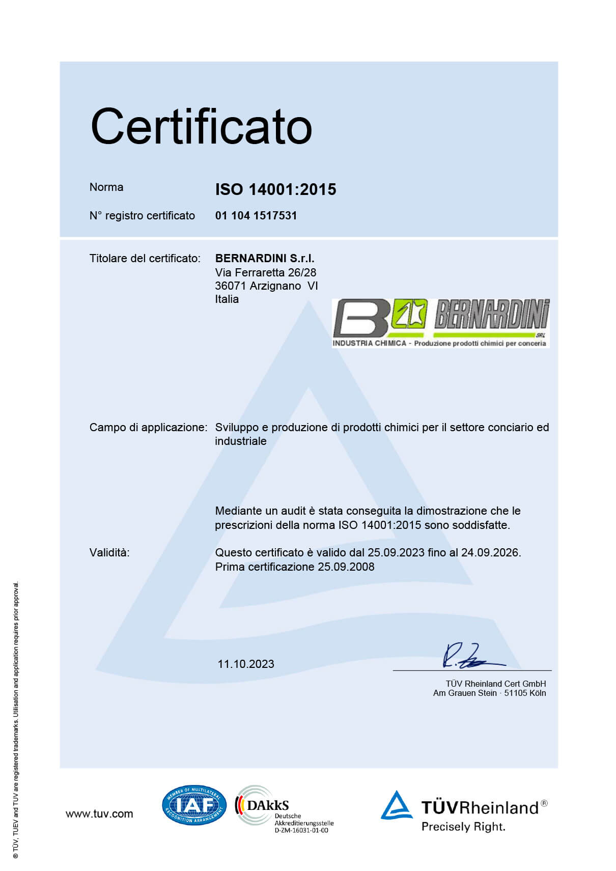 certificato iso 14001