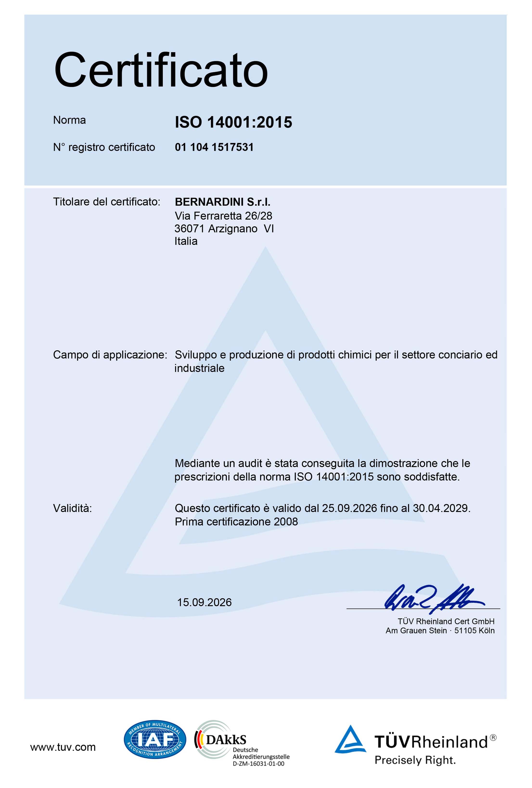 certificato iso 14001