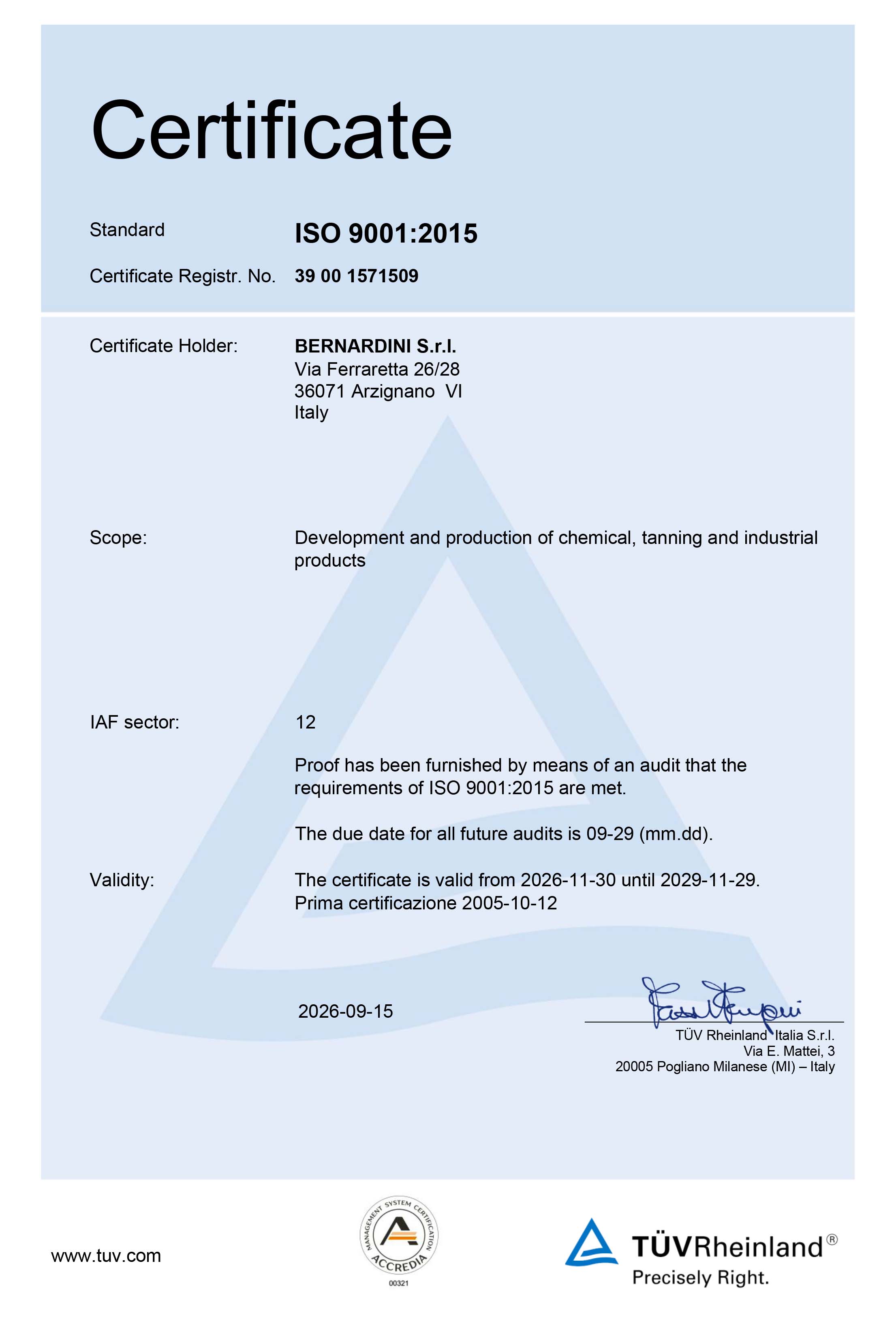 UNI EN ISO 9001: 2015 CERTIFICATE