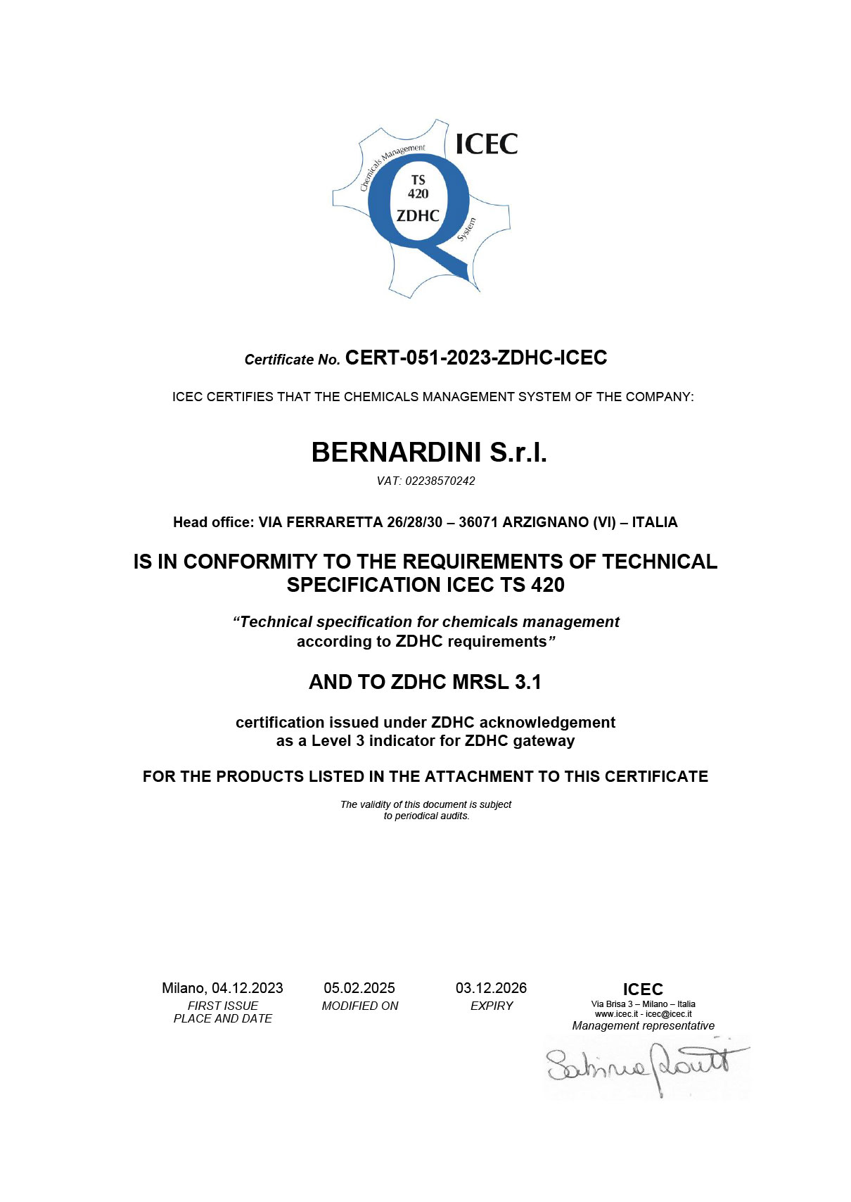 certificato ZDHC
